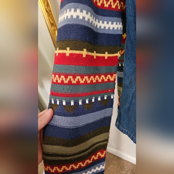 Vintage KORET Jean shirt/jacket with Knit wool printed sleeves and back. Size M - Picture 6 of 11